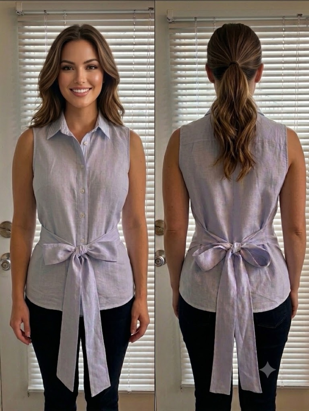 Lane Bryant Blue Striped Sleeveless Button-Down Tie-Back Shirt Size 14